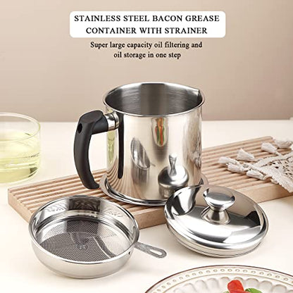 Kyraton Bacon Grease Container With Strainer, 48 oz Stainless Steel Oil Container, Pot Fat Storage With Lid, Easy Grip Handle Suitable For Storing Frying Oil And Cooking Grease 1. Silver - color: 1. Silver