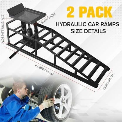 2 Pack Hydraulic Car and Truck Service Ramps,11023 Lbs (5 Tons) Capacity, Low Profile Car Lift Service Ramps for Oil Changes, Adjustable Lift Height 9.8" to 16.21", Home Garage,Vehicle Auto Garage Rep