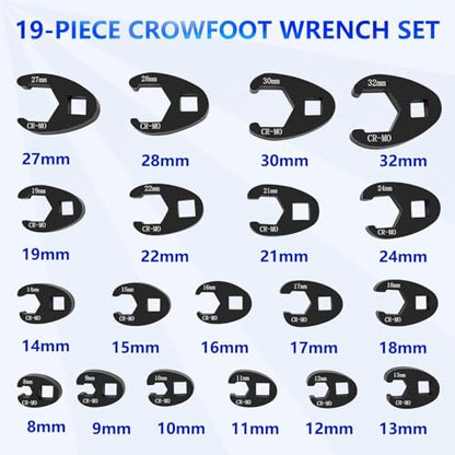 KTPROT 20PC 3/8” and 1/2” Drive Jumbo Crowfoot Flare Nut Wrench Set | Metric Tool 8 to 32 mm Sizes,Flare Nut Wrench set for 3/8in and 1/2in Drive Ratchet - color: 20pcs