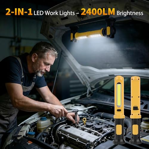 Mechanic Work Light Bar, 2400LM LED Rechargeable Under Hood Work Light with 5200mAh, Magnetic Base & Concealed Hook for Car Repair/Garage/Workshop/Home Emergency-Yellow