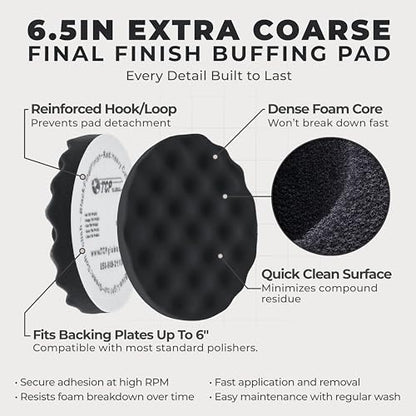 TCP Global 6.5" Black Waffle Foam Buffing Pad Hook and Loop Backing - Final Finishing Pad for Polishing, Automotive, Marine, Truck, RV & Compound Cutting, Car Polishing Pads