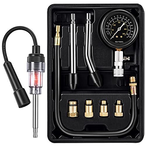 9 Pieces Automotive Compression Tester Kit and Spark Plug Tester, Universal Car and Motorcycle Engine Testing Tools for Cylinder Pressure Gauge (Black) - color: Black