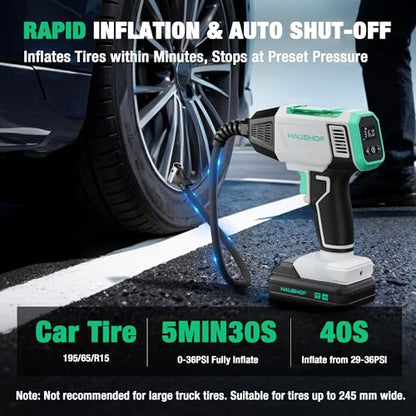 HAUSHOF Tire Inflator Portable Air Compressor, 150 PSI Air Pump, Dual Power | 20V Battery & 12V DC Power, Auto Shut-Off, Digital Gauge & LED Light, Ideal for Cars, Motorcycles, Bikes