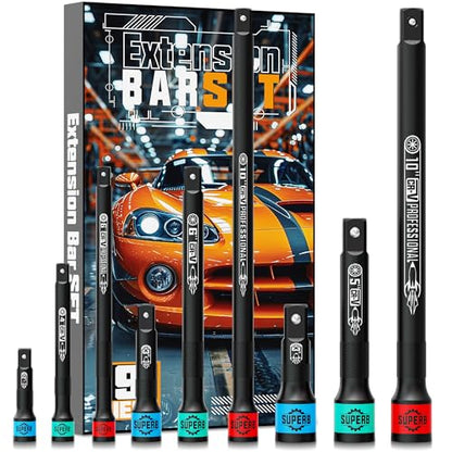9 Pcs Impact Extension Bar Set, 1/4" 3/8" 1/2" Drive Socket Extension, CR-V Steel, Narrow and Deep Areas in Bicycle, Automotive Repair or Industrial Operations - size: 1/4" 3/8" 1/2" Long Set
