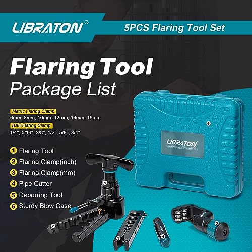LIBRATON Flaring Tool, HVAC Flaring Tool Kit, Copper Flaring Tool, 45° Eccentric Single Flare Tool for 1/4''-3/4'' and 6-19mm with Pipe Cutter, Deburring Tool for Copper Aluminum Pipe