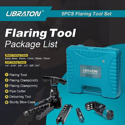 LIBRATON Flaring Tool, HVAC Flaring Tool Kit, Copper Flaring Tool, 45° Eccentric Single Flare Tool for 1/4''-3/4'' and 6-19mm with Pipe Cutter, Deburring Tool for Copper Aluminum Pipe