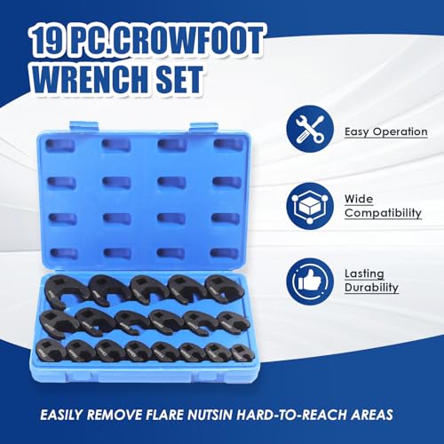 Yonligonju 19PC Crowfoot Flare Nut Wrench Set, Large & Small Metric, Fits 8 to 32 mm Flare Nuts, Works with 3/8" and 1/2" Drives Ratchets Extenders for Nut Removal