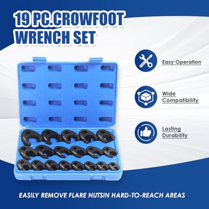 Yonligonju 19PC Crowfoot Flare Nut Wrench Set, Large & Small Metric, Fits 8 to 32 mm Flare Nuts, Works with 3/8" and 1/2" Drives Ratchets Extenders for Nut Removal