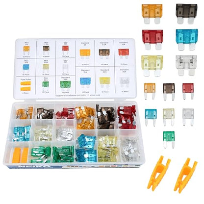 NEIKO 50502A Car Fuses Assortment Set, 140pc, Fast Acting, Auto Fuses Kit, Standard and Mini Sizes, 5A, 7.5A, 10A, 15A, 20A, 25A, and 30 Amp, Marine Boat, Automotive, RV, Car Fuse Kit, Fuse Puller - style: Standard & Mini Car Fuse Set