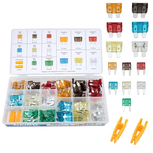 NEIKO 50502A Car Fuses Assortment Set, 140pc, Fast Acting, Auto Fuses Kit, Standard and Mini Sizes, 5A, 7.5A, 10A, 15A, 20A, 25A, and 30 Amp, Marine Boat, Automotive, RV, Car Fuse Kit, Fuse Puller - style: Standard & Mini Car Fuse Set