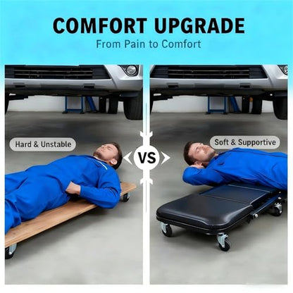 superokay 2-in-1 Folding Creeper Seat, 36-Inch, 300LBS Capacity | Steel frame, 2-in-1 creeper/seat, 360° casters, padded cushion, tool tray, foldable, garage repair - size: 36 inch