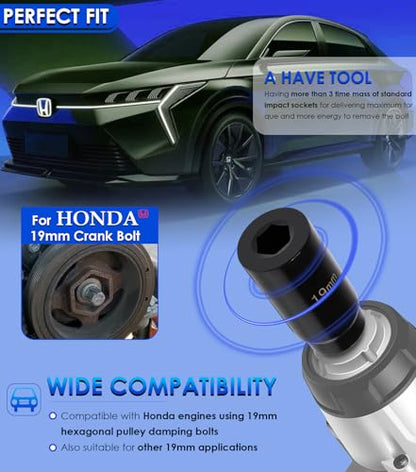 77080 Harmonic Balancer Socket Tool for Honda 19mm Crank Bolt Socket, 3 Times Momentum Power of Standard Impact Socket with Deep Counter-Weighted Design for Stronger Torque - size: 19mm