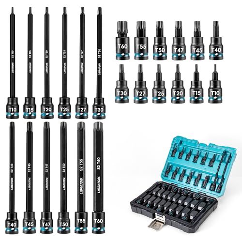 LIBRATON 24PCS 3/8 Drive Impact Torx Bit Socket Set, Extra Long Torx | Extra long 2in&6in Torx Bit Set, T10-T60 Coverage, S2 Alloy Steel Star Bit Sockets, Impact for Auto Repair, Blow Molded Box