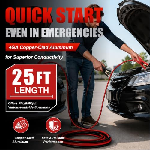 Heavy Duty Jumper Cables,4 Gauge 25 Feet Battery Booster Cable,Automotive Wires with Alligator Clamps,Carrying Bag,Safety Gloves and Iron Brush for Cars Trucks - size: 4 Gauge 25 feet (Standard)