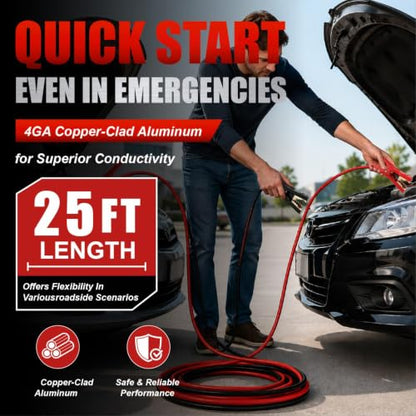 Heavy Duty Jumper Cables,4 Gauge 25 Feet Battery Booster Cable,Automotive Wires with Alligator Clamps,Carrying Bag,Safety Gloves and Iron Brush for Cars Trucks - size: 4 Gauge 25 feet (Standard)