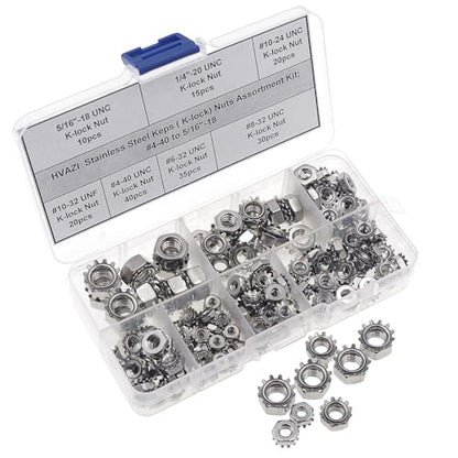 170PCS #4-40 to 5/16"-18 SAE Stainless Steel Keps K-Lock Hex Nut Kit | 304 Stainless Hex Nuts with 420 Steel Lock/Tooth Washers, UNC & UNF Anti-Vibration Fastener Set w/ Box
