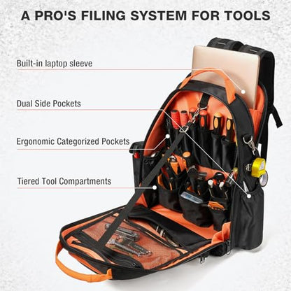 HISEA Tool Backpack, 18-Inch Heavy Duty Tool Bag Organizer with 37 Pockets | 1680D Oxford Waterproof Tools Storage Bag, with Laptop Compartment, for Electricain, Mechanic, Plumber, Tradesman