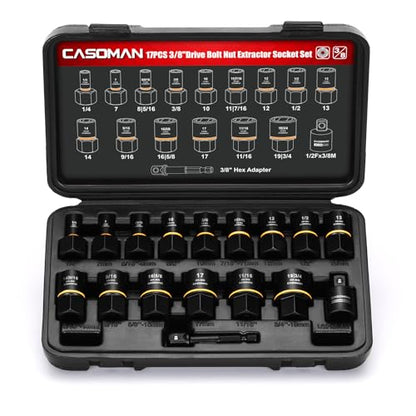 CASOMAN 17-Piece 3/8" Drive Bolt Impact Extraction Socket Set, Stripped for Damaged Rusted Frozen Studs Rounded Bolts, Nuts & Screws, CR-MO - size: 17-Piece
