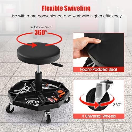 TANGZON 150KG Pneumatic Rolling Mechanic Stool, 41CM-55CM Height Adjustable & 360° Swivel Roller Creeper Seat with Removable Tool Tray and Wheels, Heavy Duty Padded Garage Workshop Stool (Black) - color: Black