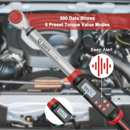 VANPO Digital Torque Wrench 1/2-Inch Drive 5-99.5 ft-lbs./6.8-135Nm, Electronic Torque Wrench with Preset Value, Buzzer and LED Notification, ±2% Accuracy for Moto, Car - size: 5-99.5 ft-lbs./6.8-135Nm