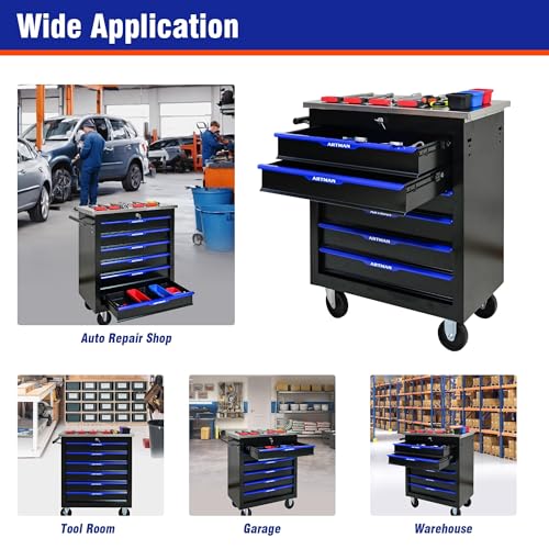 6 Drawer Heavy Duty Rolling Tool Chest, Mobile Metal Lockable Tool Cart with Stainless Steel Worktop, Garage Tool Storage Cabinet for Workshop Auto Repair, Black & Blue, 30.7" H × 25.9" W - size: 6 Drawers