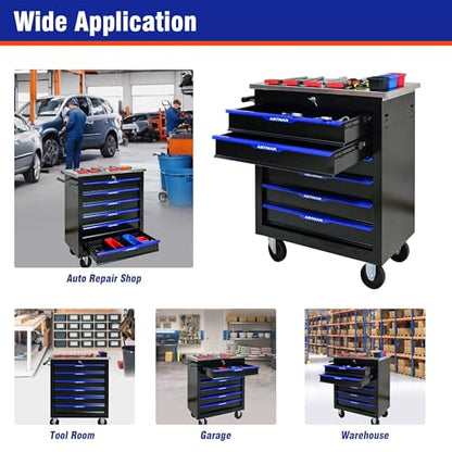 6 Drawer Heavy Duty Rolling Tool Chest, Mobile Metal Lockable Tool Cart with Stainless Steel Worktop, Garage Tool Storage Cabinet for Workshop Auto Repair, Black & Blue, 30.7" H × 25.9" W - size: 6 Drawers