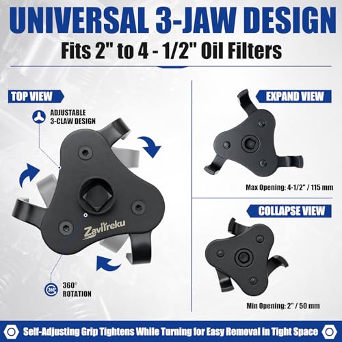 Universal Oil Filter Wrench Adjustable, Heavy Duty 3-Jaw Oil Filter Removal Tool, Oil Filter Change Tool for Engine Filters, Automotive Tool for Cars Trucks SUVs