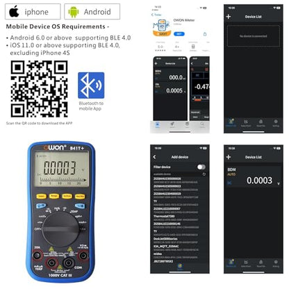 OWON B41T+ Bluetooth Digital Multimeter Auto-ranging TRMS 22000 Counts Ohmmeter for AC/DC Voltage,Current,Resistance,Continuity,Capacitance,Diodes,Temperature Measurement,Volt Meter for Automotive - style: O-B41T+