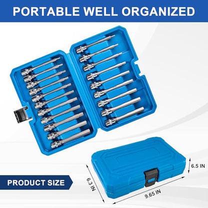 20PCS Extra-Long Allen Hex Bit Socket Set, 3/8 Inch Drive Allen Socket Set, SAE & Metric(1/8"-7/16", 3-12mm), CR-V and S2 Alloy Steel