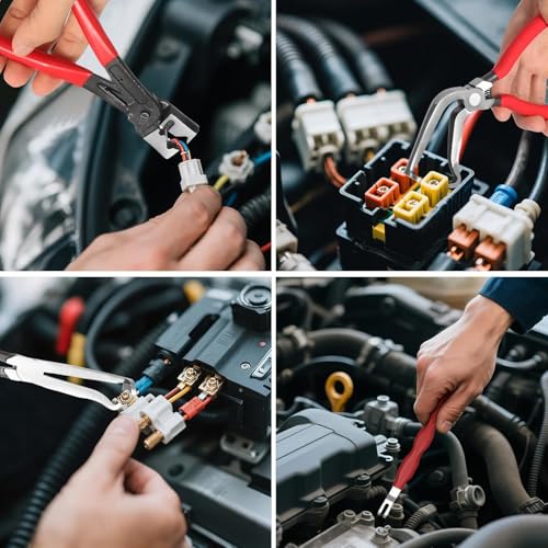 4 Piece Automotive Electrical Disconnect Pliers Kit, High-Carbon Steel Connector Separator Tool with Straight & 60° Tips, Hose Clamp Plier & 18pcs Pin for Cars SUVs Fuel Line Repair (Storage Box)