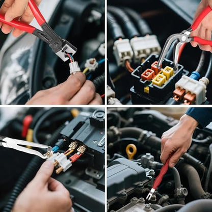 4 Piece Automotive Electrical Disconnect Pliers Kit, High-Carbon Steel Connector Separator Tool with Straight & 60° Tips, Hose Clamp Plier & 18pcs Pin for Cars SUVs Fuel Line Repair (Storage Box)