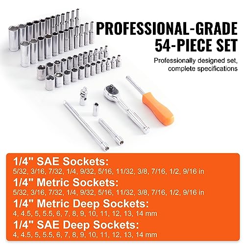 VEVOR Socket Set, 1/4 Inch Drive Socket and Ratchet Set, 6-Point Socket Opening, 54 Pieces Tool Set SAE and Metric, Deep and Standard Sockets, 5/32-9/16 in, 4-14 mm, with Accessories, Storage Case - size: 1/4", style: 54 PCS