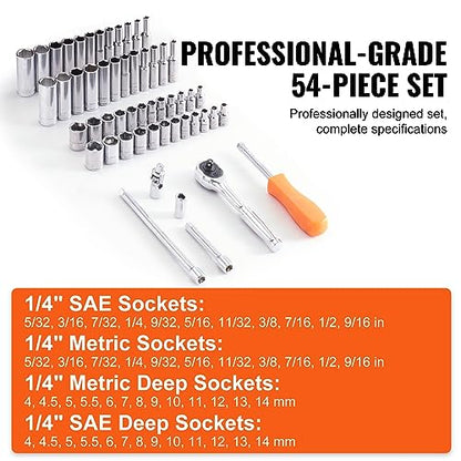 VEVOR Socket Set, 1/4 Inch Drive Socket and Ratchet Set, 6-Point Socket Opening, 54 Pieces Tool Set SAE and Metric, Deep and Standard Sockets, 5/32-9/16 in, 4-14 mm, with Accessories, Storage Case - size: 1/4", style: 54 PCS