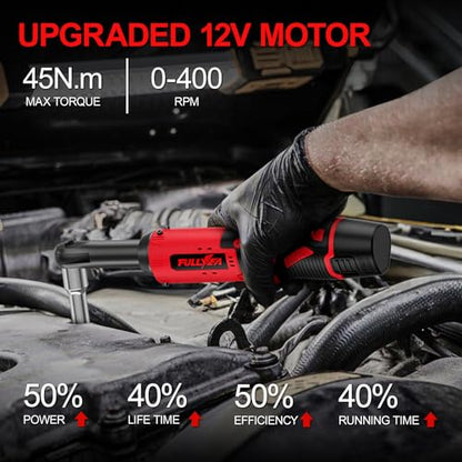 FULLYEA Electric Ratchet Wrench Set,12V Cordless Ratchet Wrench 3/8", 400 RPM Power Ratchet Tool Kit with LED Light, 7 Sockets, 1/4" adapter, 2 Packs 2000mAh Battery and Fast Charger