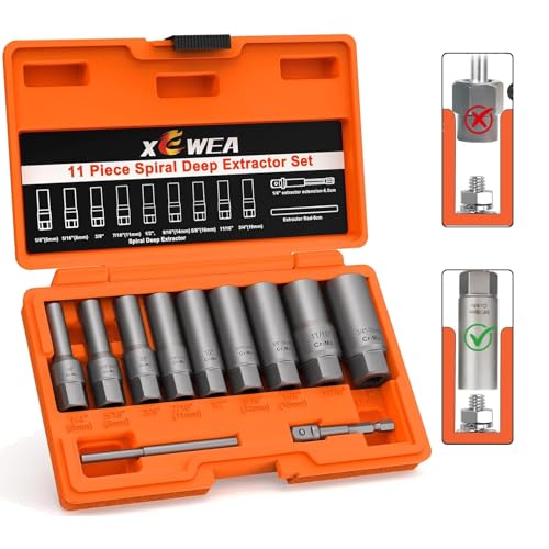 XEWEA 11PCS Deep Spiral Bolt Extractor Kit, Bolt & Nut Remover Easy-Out Set | Deep Socket Tools For Removing Broken, Frozen, Rusted, Rounded-Off Bolts, Studs, Nuts & Screws,Friendly Narrow Spaces - size: 11PCS