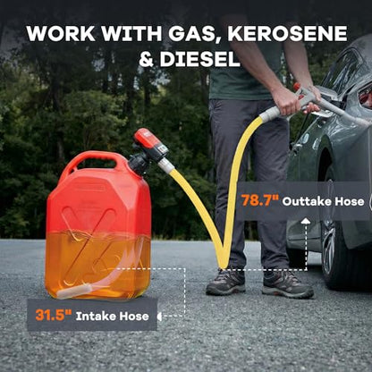 3.8 GPM Fuel Transfer Pump with 5 Adapters | 12V Battery Clip & AA Powered, 79 in Long Hose, Portable, Gas Diesel Oil Compatible, for Cars Boats Lawn Mowers Generators