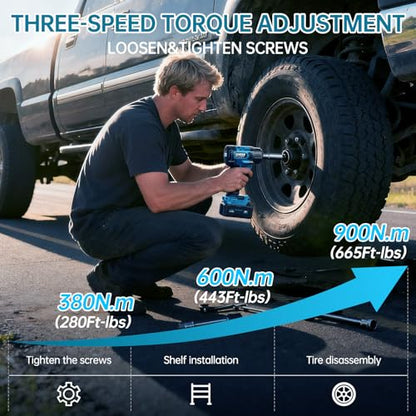 Tilswall Impact Wrench 1/2 Impact Gun,2500RPM,3-Speed Torque Settings (380/600/900N.m),20V Electric Cordless Impact Wrench Driver,3/8" Adapter,4Ah Battery & 2.0Ah Fast Charger for Home Car Truck Tools