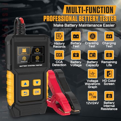 BT360 Car Battery Tester 12V 24V 30-2000 CCA Load Tester Starter Alternator Tester Automotive Charging Cranking System Tester for Motorcycle Car Truck SUV ATV Boat