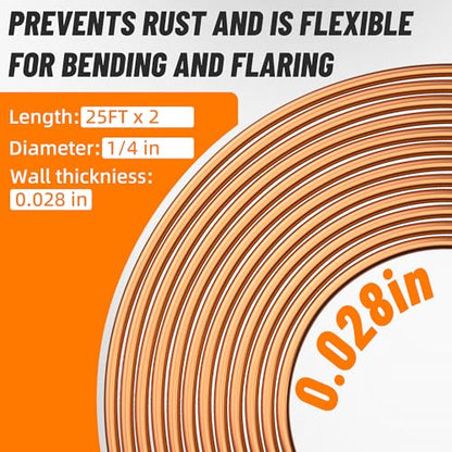 1/4" Brake Line Repair Kit, Double & Single Brake Line Flaring Tool Kit + 2 Set 25ft 1/4 Inch Brake Line with 80 Pcs Fittings(6 Unions Included) + Brake Line Bender - size: 1/4"