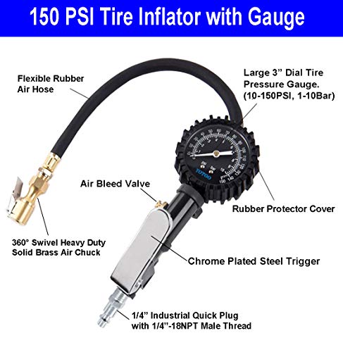 YOTOO Recoil Air Hose Kit with Tire Inflator Gauge, 1/4" Industrial Quick Coupler and Plug for tire infaltion and air Tools