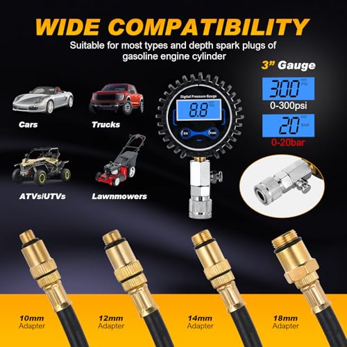 Nilight Compression Tester Kit, Digital Compression Gauge 0-250PSI Automotive Tool for Petrol Gasoline Engine Cylinder Compression Test with Adapter & Hose - color: Digital