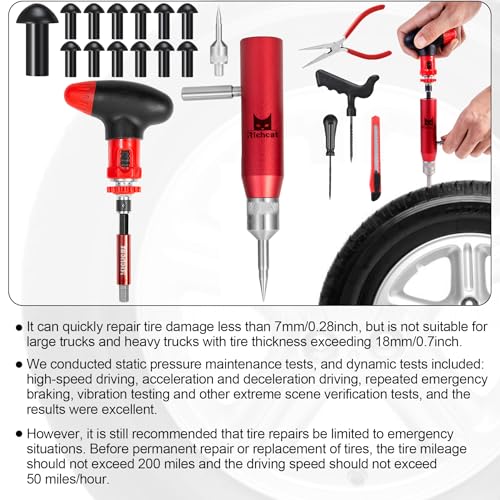 Richcat Tubeless Tire Puncture Repair Kit with Mushroom Plug, Repairs punctures and Flat Tires for Motorcycles, Cars, Trucks, ATVs and Tractors