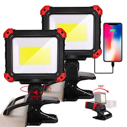 Easymaxx Rechargeable Clip Light 2 Pack, 2100LM LED Clamp Work Light | 3 modes, 6000K, magnetic base, 270° rotating head, 2.3 in clamp, USB-C input, USB-A output for boats, repairs and job sites