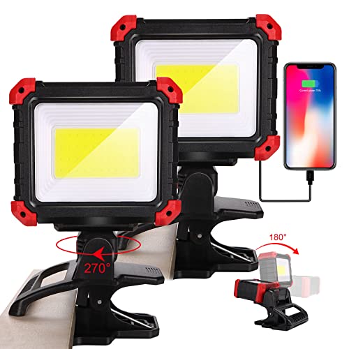 Easymaxx Rechargeable Clip Light 2 Pack, 2100LM LED Clamp Work Light | 3 modes, 6000K, magnetic base, 270° rotating head, 2.3 in clamp, USB-C input, USB-A output for boats, repairs and job sites