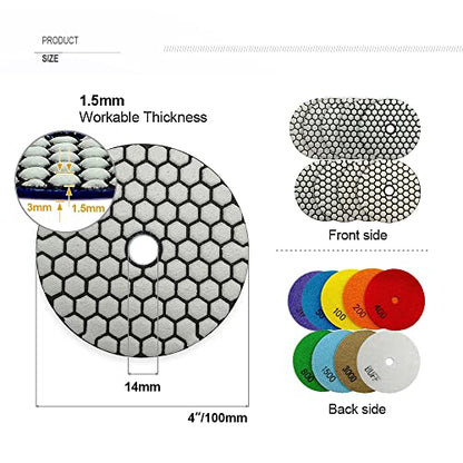 SHDIATOOL 4-Inch Dry Diamond Polishing Pads 7PCS for Granite & Marble | 50-3000 Grit | Diamond Grinding & Sanding Pads | For Quartz & Stone | Fits Polishers | Resin Bond Flexible Pads - style: Mixed Grits