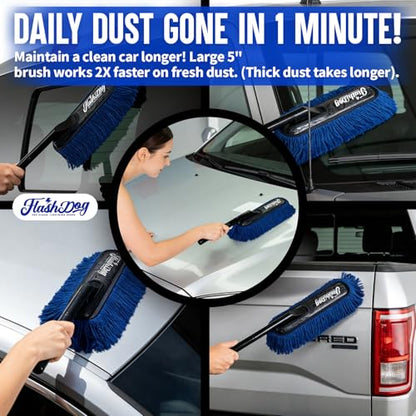 Flash Dog Car Duster Exterior - 25" Wood Handle Wax Cotton Hair Scratch Free Cleaning for Cars/SUV/Truck/RV Roofs & Windshields | Waterless Dust & Pollen Remover | Wax Cotton Hair Scratch Free Cleaning for Cars/SUV/Truck/RV Roofs & Windshields | Waterless