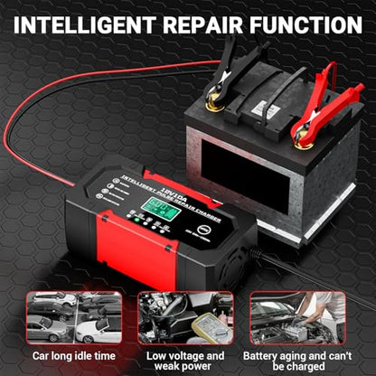 Battery Charger 10A 12V Fully Automatic Smart Car Battery Charger with LCD Display & Temperature Compensation for Car Motorcycle Vans - color: Black