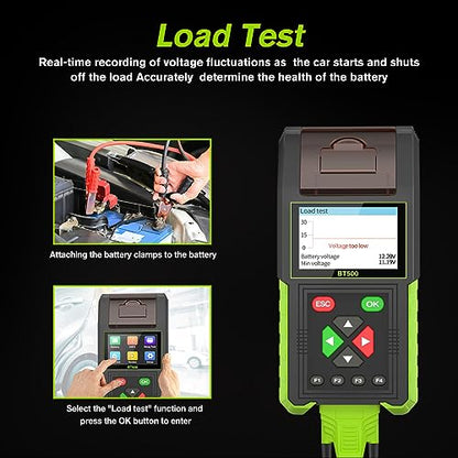 Automotive Battery Tester with Printer, 12V 24V Car Battery Load Tester and Alternator Tester, 20-2000 CCA Battery Capacity Tester, Relay Tester, Leakage Test for Heavy Duty Truck, BT500 - style: BT500