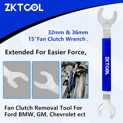ZKTOOL Fan Clutch Wrench Set,32mm & 36mm Clutch Fan Tool Wrench,Water Pump Pulley Holder Removal Tool For BMW, Ford, GM, dodge,Chevrolet,jeep Fan Clutch Removal Kit,Water Pump Holder.