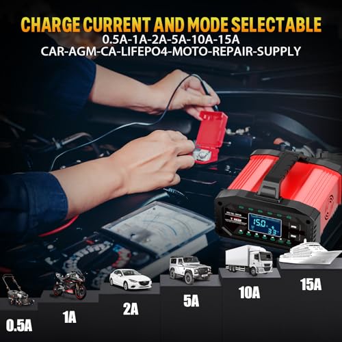 YONHAN Battery Charger 0-15A 12V/24V Adjustable Current | LiFePO4 Car Battery Charger, Battery Maintainer Automatic Trickle Charger, Battery Desulfator w/Temp Compensation